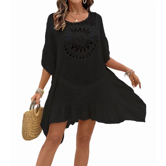Womens Swimsuits Cover Ups Crochet Chiffon Beach Cover Bathing Suit Bikini Wear Coverups Dress Black One size