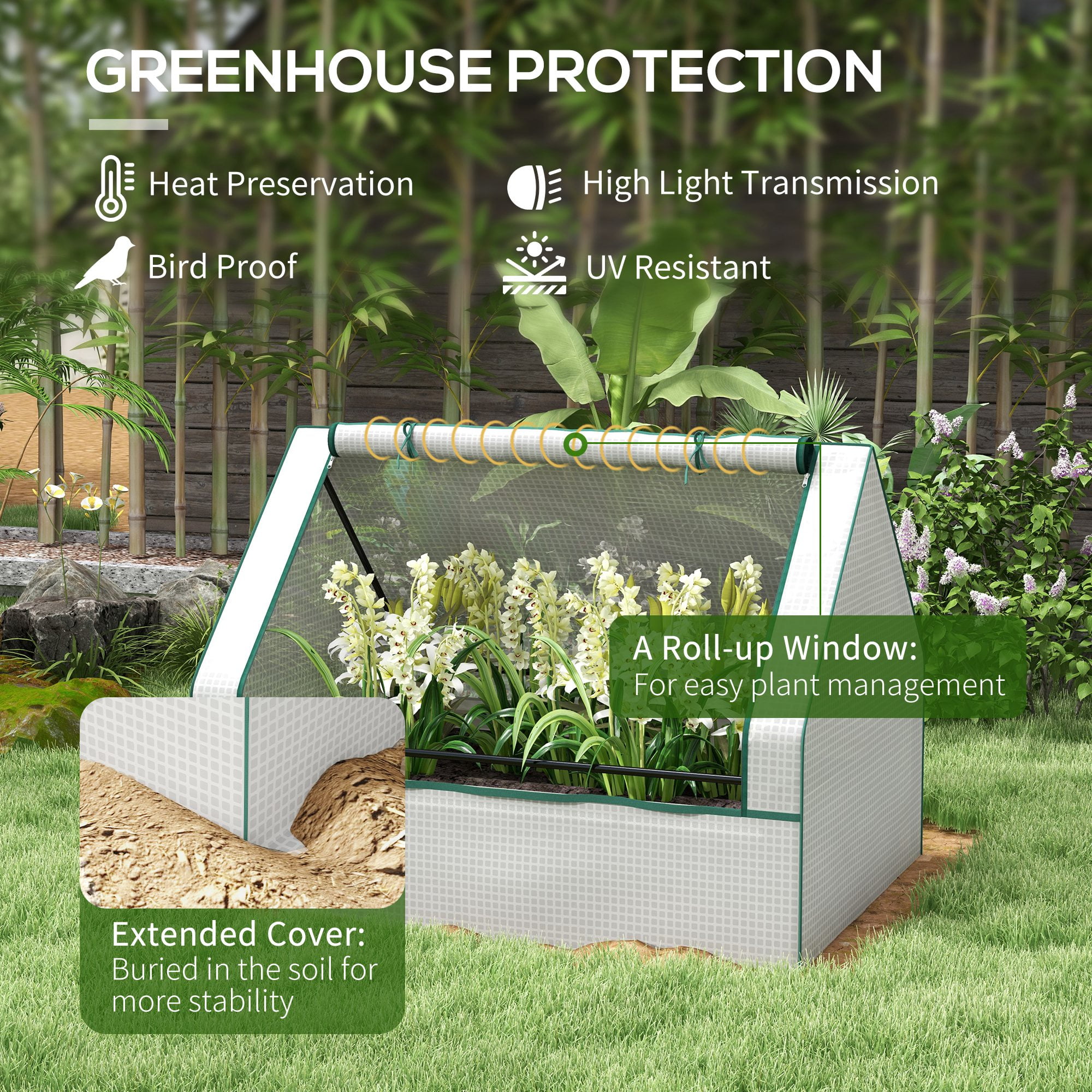 Outsunny Raised Garden Bed with Small Greenhouse, White and Silver