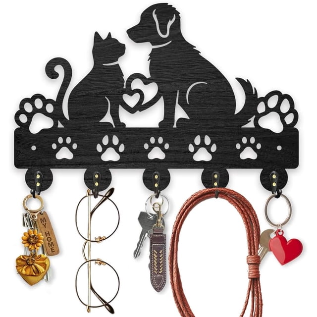 Colgador de llaves para pared con forma de gato y perro, 11,8 x 7,8 pulgadas, con forma de huella de pata de animal, con forma de corazón, para montar en la pared con 5 ganchos de aleación.