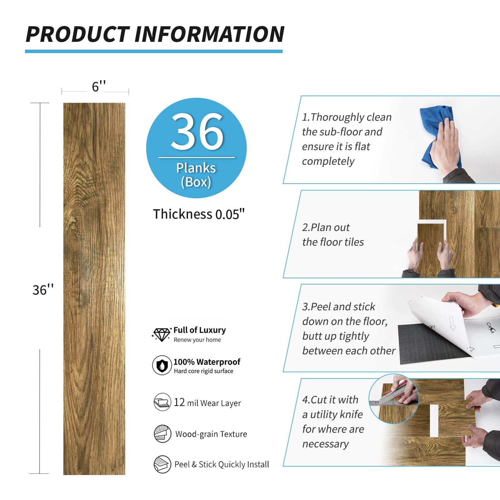 36-pack 54 Sq.ft Peel And Stick Floor Tiles Vinyl Plank Flooring Wood Look  Adhesive Waterproof Tile Sticker For Bedroom Living Room Kitchen Rv In Ashtree