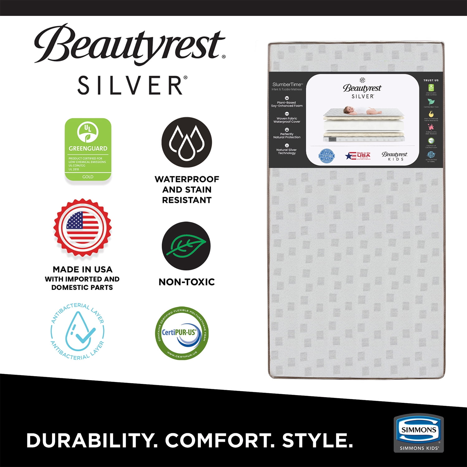 Beautyrest Silver Slumbertime 2-Stage Crib and Toddler Mattress - GREENGUARD Gold Certified - CertiPUR-US - Moisture Wicking - Made in USA