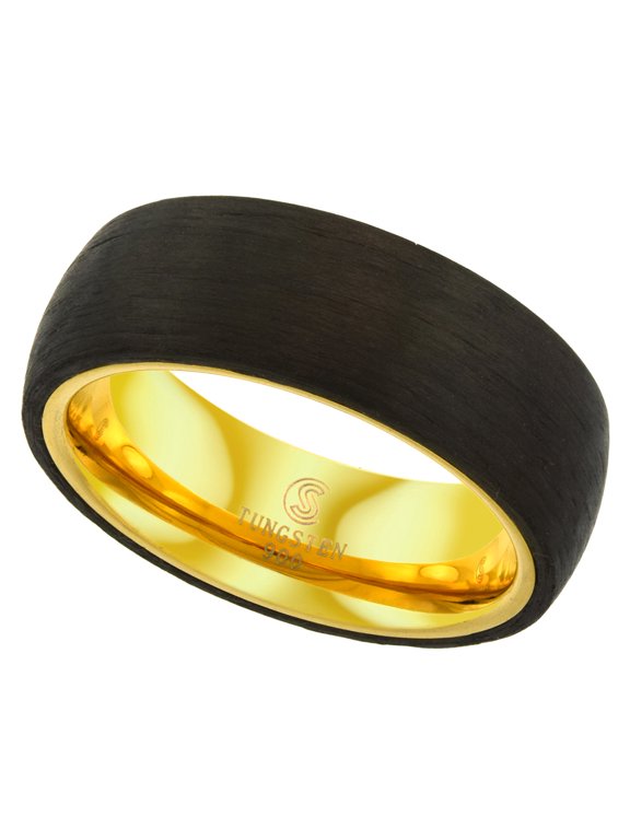 8mm Tungsten Ring Domed Wedding Band Brushed Carbon Fiber Overlay Gold Plated Inside Comfort fit size 10