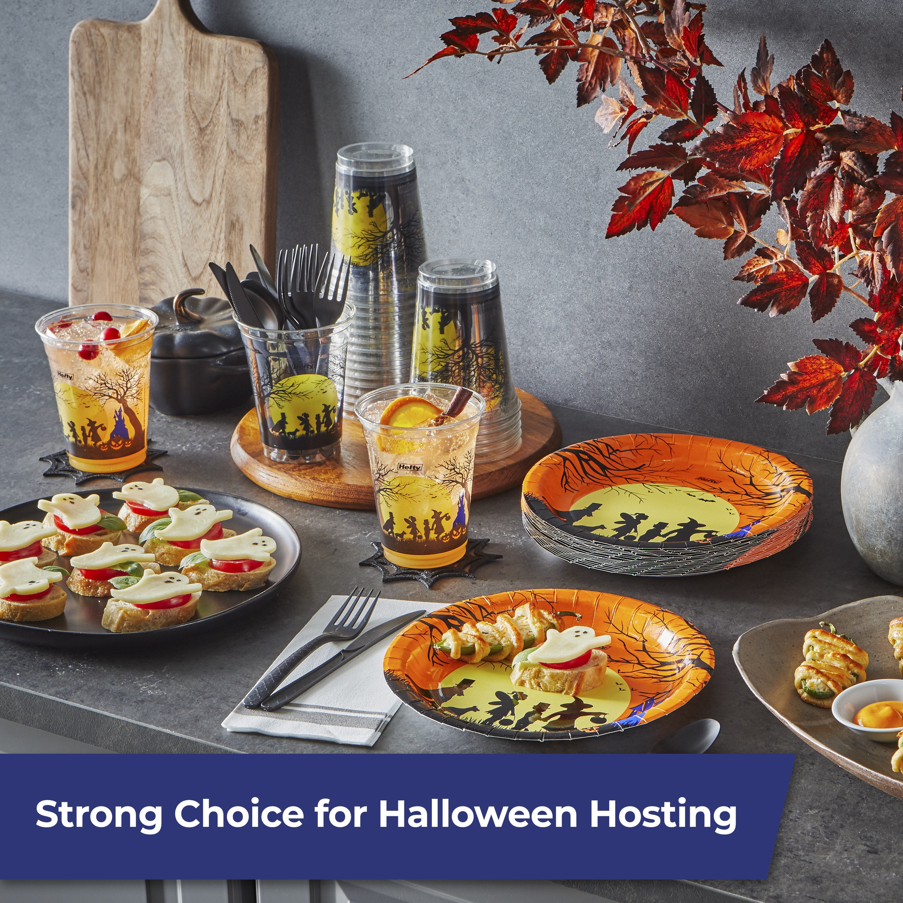 Hefty Halloween Collection Disposable 18oz Plastic Cups 15ct, 8.6 inch Paper Plates 20ct, and ECOSAVE Compostable Assorted Cutlery Set 24ct