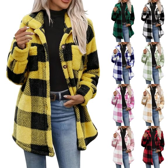 Agkizg Women's Plaid Hooded Teddy Fleece Coat, Button Front Sherpas Jacket with Pockets, Warm Fall Winter Outerwear