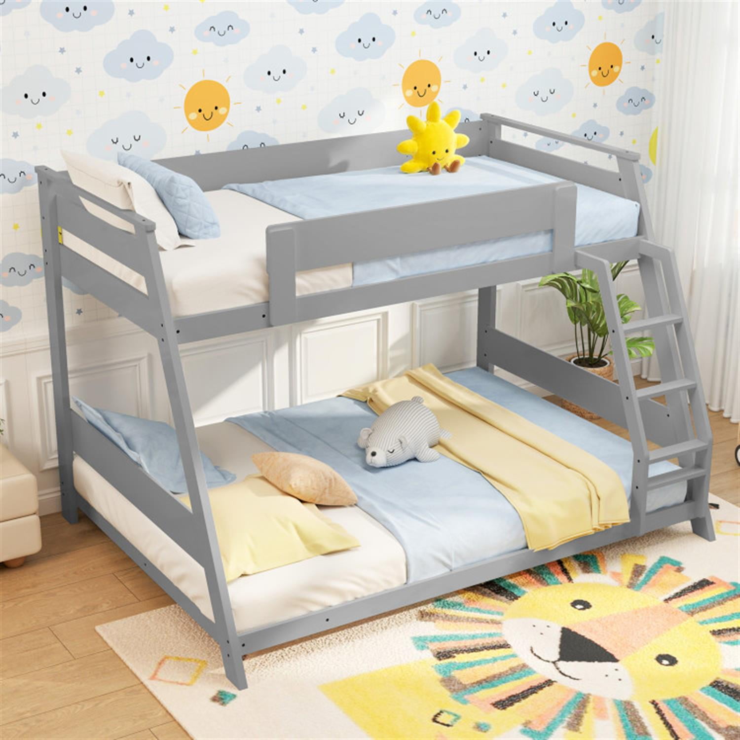 Demi Bonn Twin Over Full Low Bunk Bed with Reversible Ladder, Solid Wood Floor Bunkbeds Frame for Bedroom, No Box Spring Needed, Gray