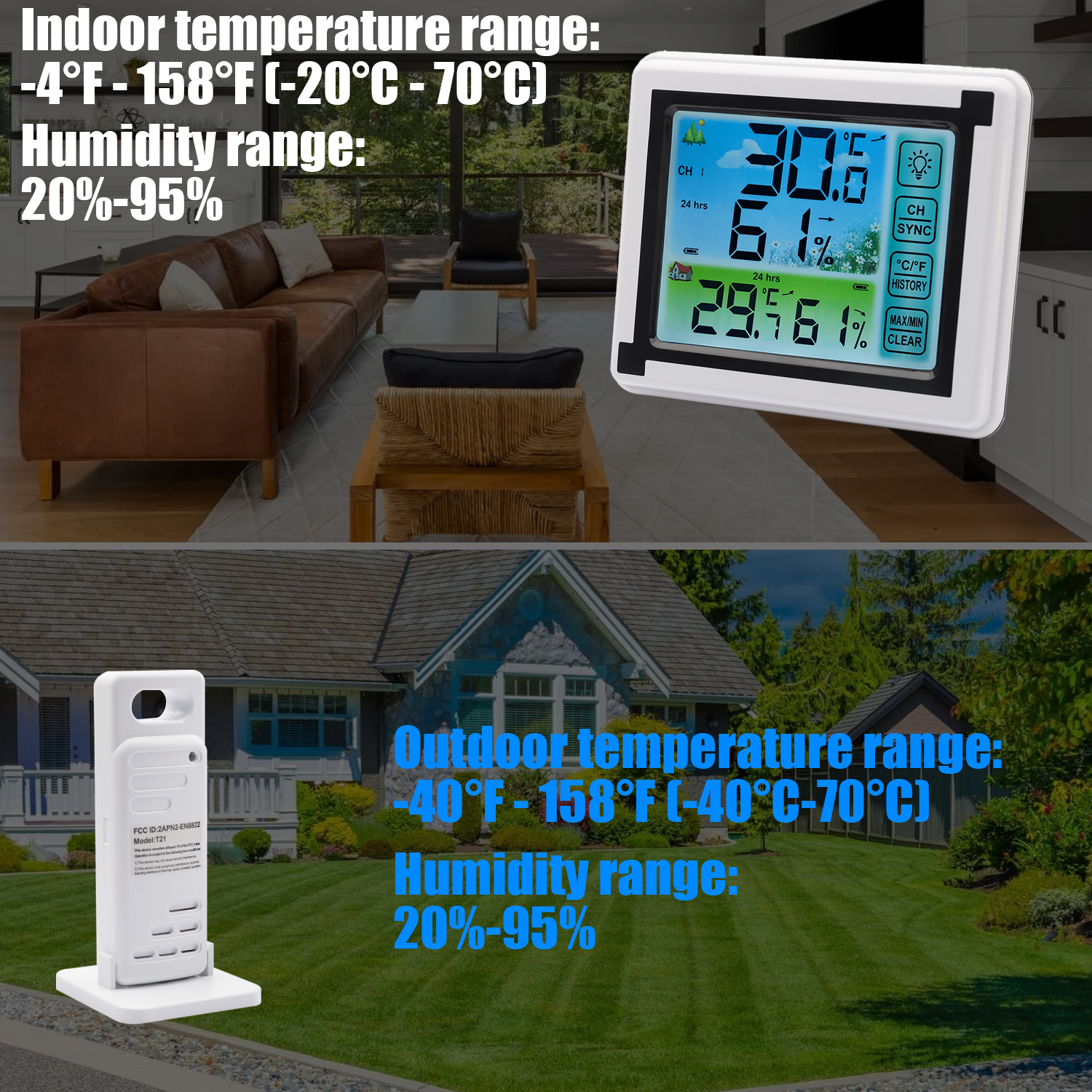 ASKITO Weather Station Wireless Indoor Outdoor Thermometer, Color LCD Display Digital Thermometer Humidity Monitor for Home, White