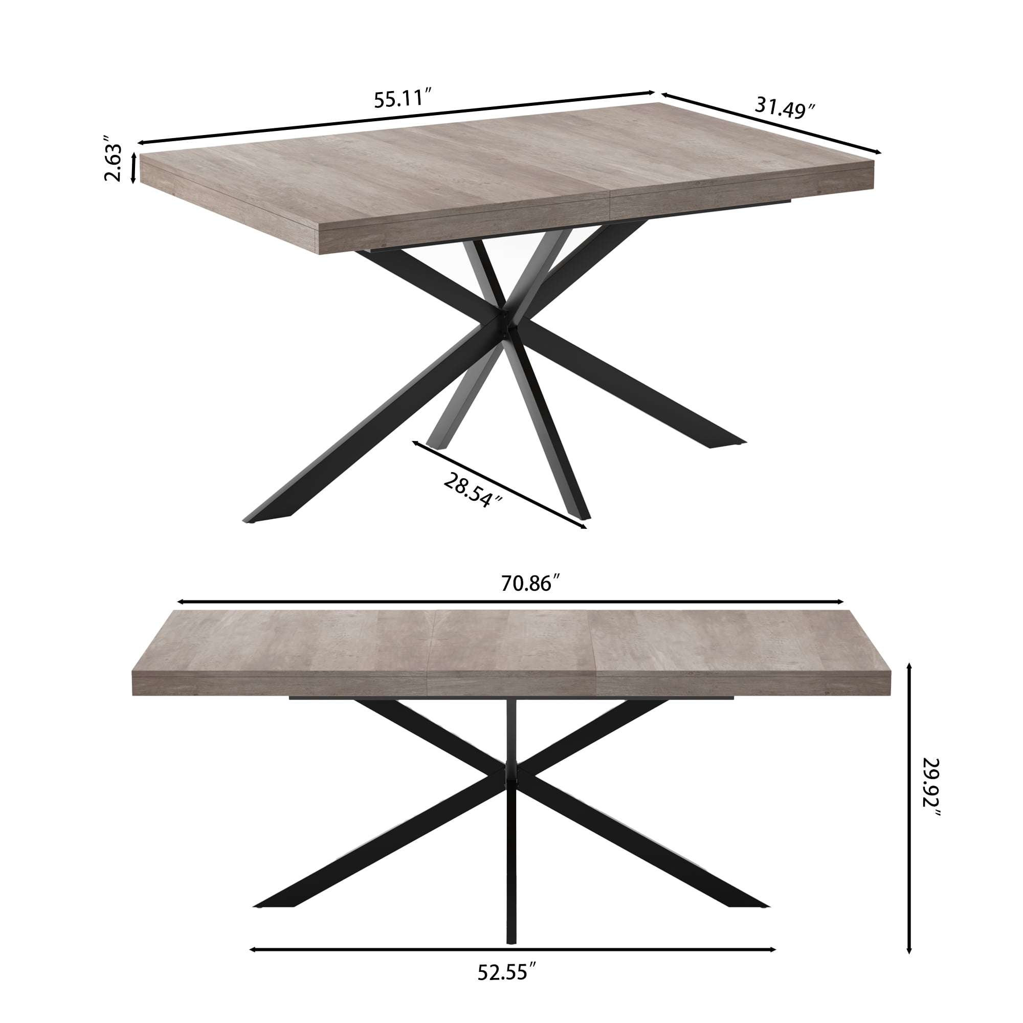 BSHTI 55.11"-70.86" MDF Extendable Rectangular Dining Table with Metal Base and Storage Box for Kitchen/Dining Room（Gray）