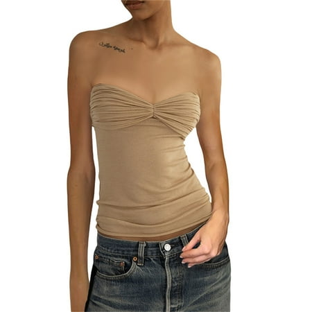 

Licupiee Womens Strapless Crop Top Ribbed Knit Bandeau Tube Top Backless Off Shoulder Skinny Slim Fit Bustier Corset