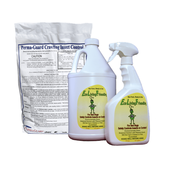 Eco Living Friendly for Bed Bugs and Perma-Guard Diatomaceous Earth Crawling Insect Control Combo / Non-Toxic, Natural, Safe Bedbug Killer / ELF 32 Oz Spray, 128 Oz Refill Bottle, and 2 lb DE Bag
