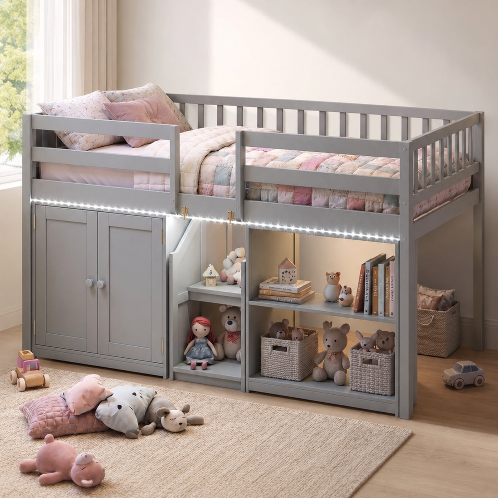 Furnibear Twin Size Loft Bed with Warm White LED Lights Storage Bookcase Cabinet Full Length Guardrails Stairs and 14 Plywood Slats, Gray