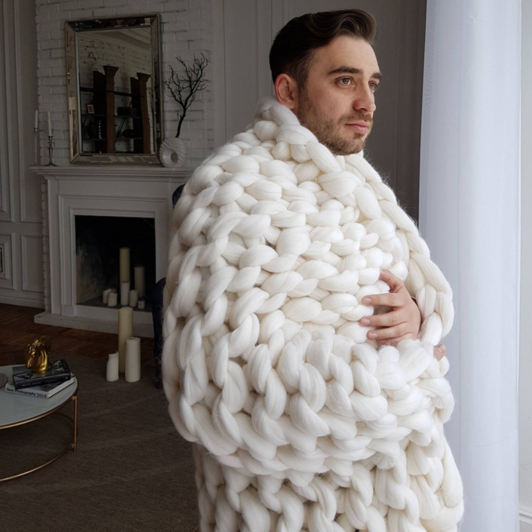 80X100cm New Warm Handmade Chunky Knit Blanket Thick Line Yarn Knitted Throw Sofa Blanket Home Bed Decor White Walmart