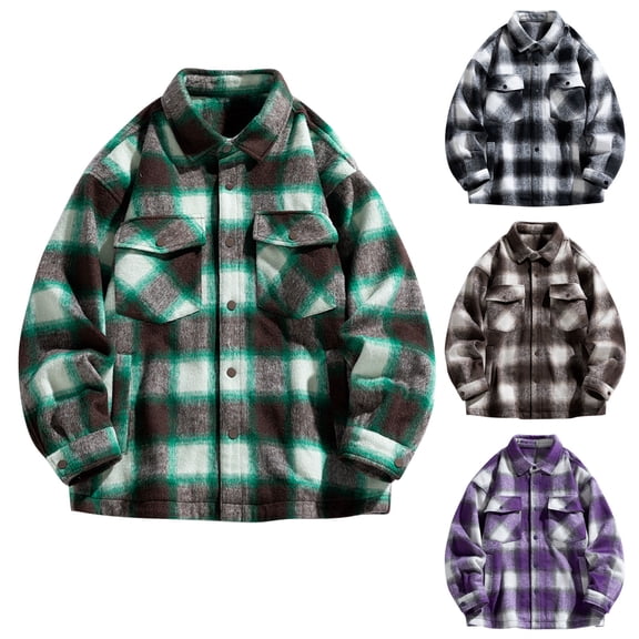 YFNNUP Men's Sherpa Lined Flannel Shirt Jacket Long Sleeve Plaid Outwear Casual Button Down Shirts with Pockets Outdoor Lapel Outerwear Green M
