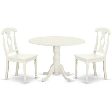 HomeStock 3 Piece Dining Room Table Set Contains a Round Kitchen Table with Dropleaf and 2 Dining Chairs 42x42 Inch Linen White