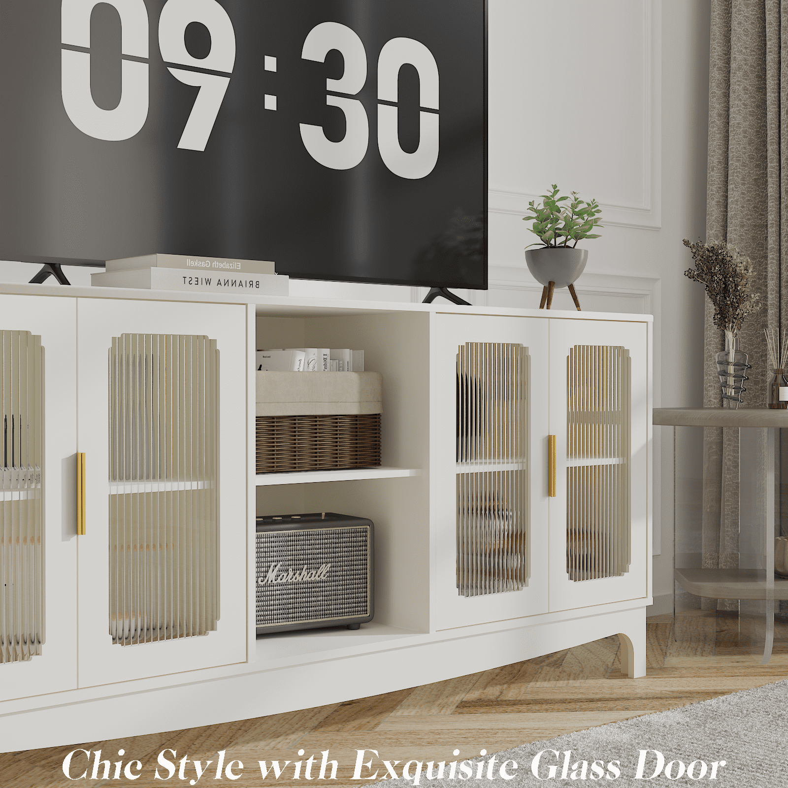 ZOSQUARE Modern TV Stand for TVs up to 75", 65" Entertainment Center with 4 Fluted Glass Doors and Open Shelves, Mid-Century Media Console, White TV Table for Living Room, Bedroom