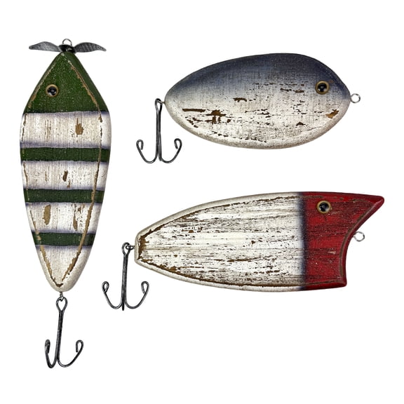 Zeckos Rustic Fishing Lure Wall Decor Set of 3 Wood Metal Fish Plaques 9.5 inch - Multicolored - Size Small