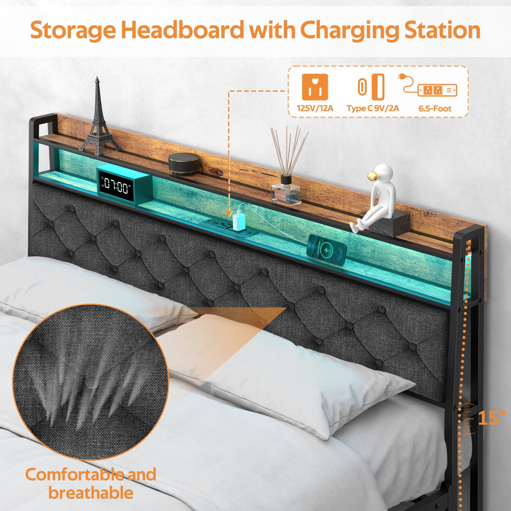 Winkalon Full Size Upholstered Platform Bed Frame with Charging Station & LED Lights,Light Gray