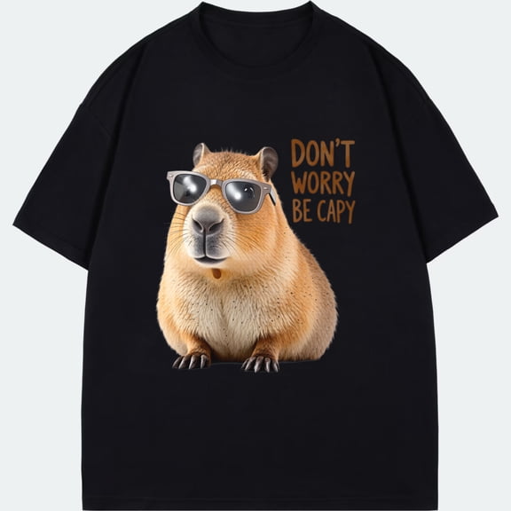 Cotton T Shirt Black Capybara With Sunglasses And Don T Worry Be Capy Text Design For Casual Wear And Fun Outfits