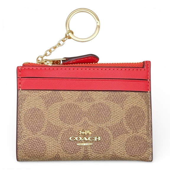 Coach Women's Mini Skinny Zip Id Card Case in Signature Canvas (Tan / Carnation)