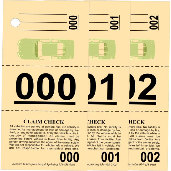 Valet Parking Tickets (1000) - Vehicle Claim Tags with Car Diagram - Valet Stubs Perforated - Auto Key Tags 3 Part White - Index Stock 110Lb Numbered 000-999 - by SavQuickPrinting (1000)