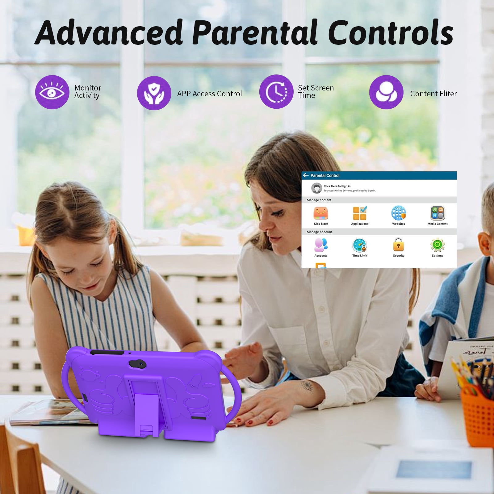 WUIUHOU 7inches Android 12.0 tablet for Kids with Case, 4GB(2+2Expand) RAM+32GB ROM(Can Expand Up to 512GB), Front 2.0MP+ Back 5.0MP Dual Cameras, 1024*600 IPS LCD, Purple