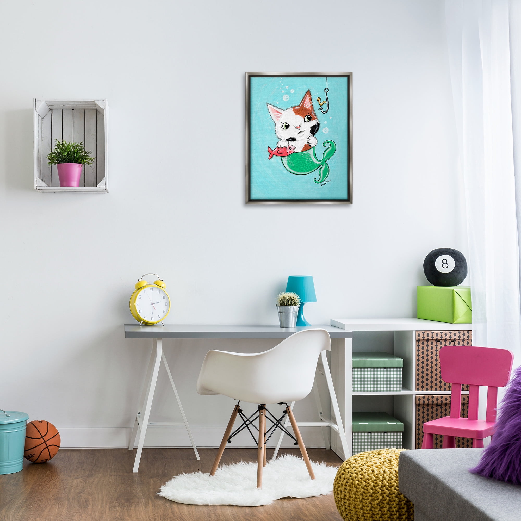 Stupell Industries Mermaid Cat with Fish Animals & Insects Painting Gray Floater Framed Canvas Art Print Wall Art, 25 x 31