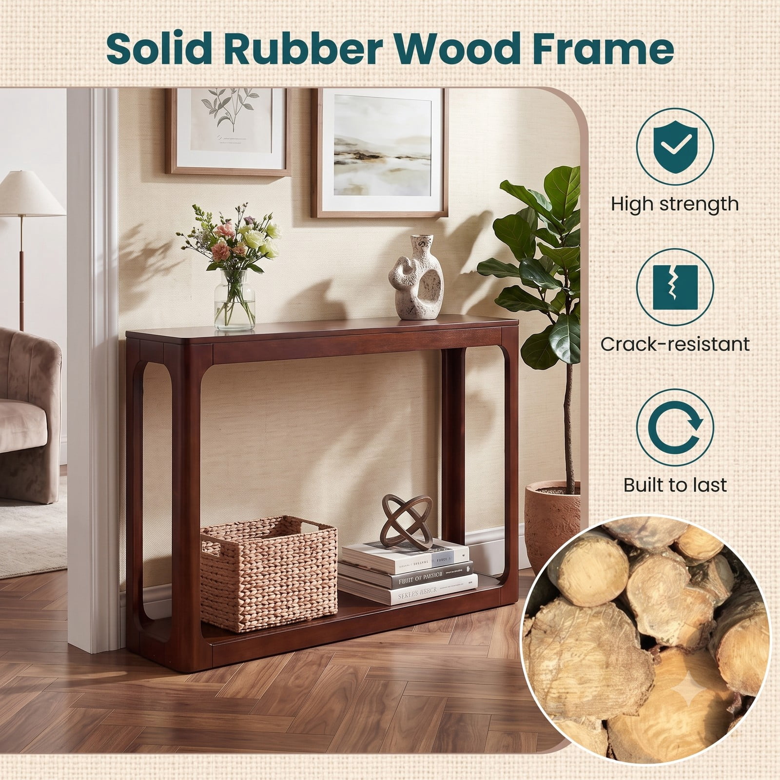 Furnibear 2-Tier Mid Century Wood Console Table with Open Storage Shelf and Solid Rubber Wood Frame for Foyer and Hallway, Brown