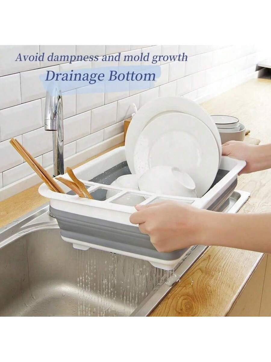 1pc Plastic Dish Rack, Collapsible Dish Drying Rack With Utensil Holder, Foldable Tableware Storage Rack, Kitchen Storage Basin, Space-Saving Sink Drainer For Home, RV