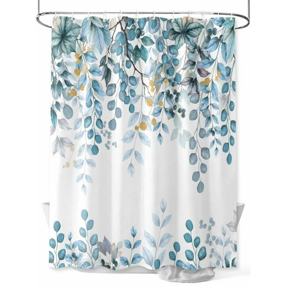 Blue Eucalyptus Leaf Shower Curtain, Botanical Winter Floral Bathroom Decor Curtains Set with Hooks, White Waterproof Fabric Home Accessories， 72X 96 Inch Extra Long