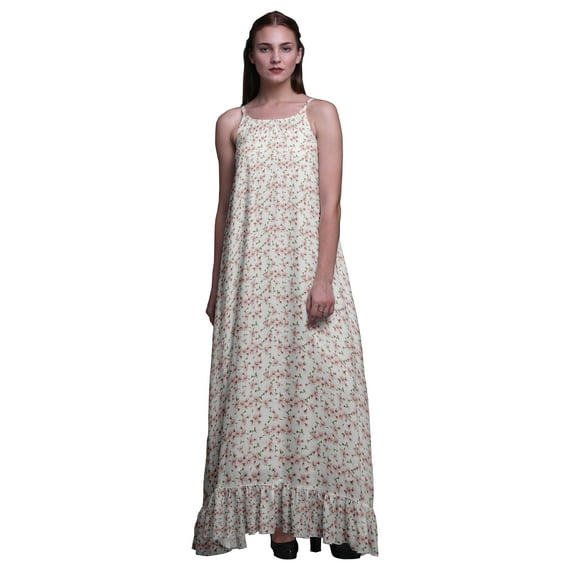 Bimba White5 Floral Leaves & Magnolia Womens Sleepwear Long Nightgown Printed Spaghetti Strap Ladies Nightwear Medium