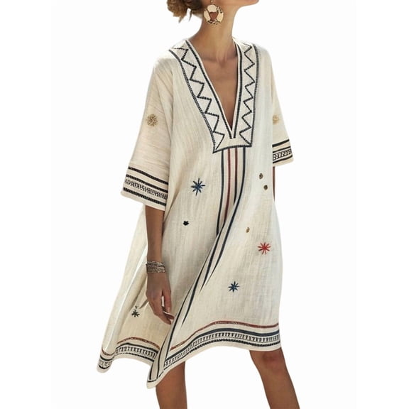 Women Beach Boho Color Block Swing Flowy Mini Dress Half Sleeve V Neck Side Slit Short Dress Color S