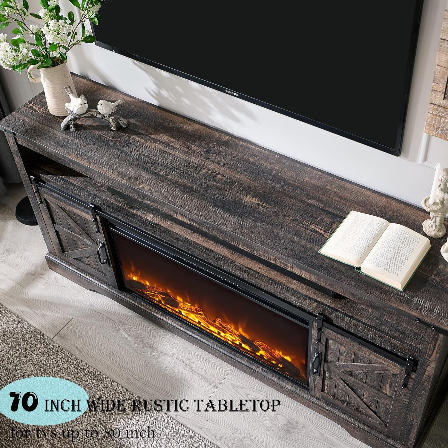 OKD Farmhouse Fireplace TV Stand for 80" TV, Highboy Entertainment Center with 36" Electric Fireplace, Media Console with Sliding Barn Door for Living Room, Dark Rustic Oak
