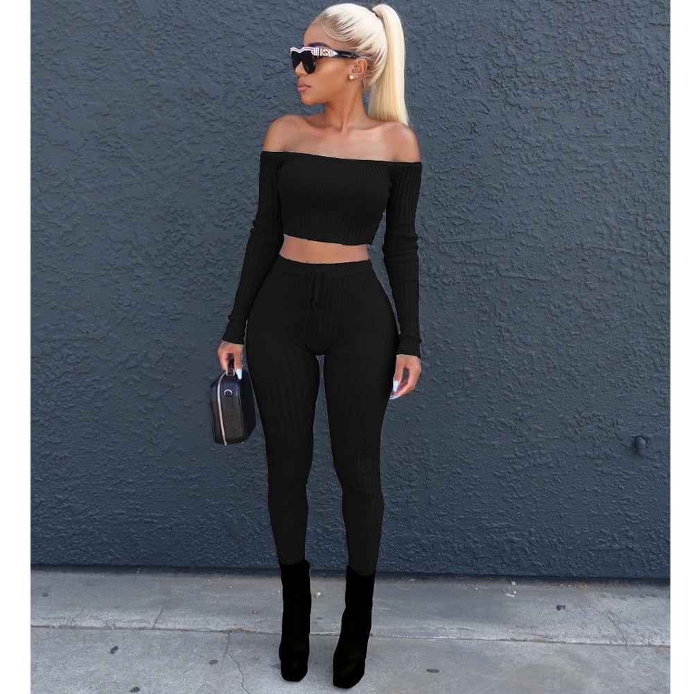 Women Two Piece Suit Crop Top Leggings 