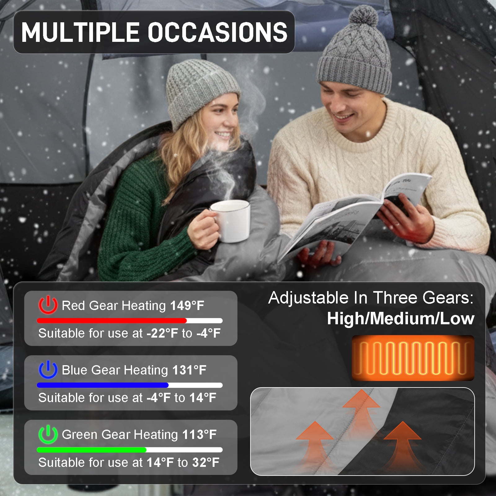 Ktaxon Heated Sleeping Bag,  Rectangular Lightweight Sleeping Bag with USB Powered Heating Pads for 14-50 °F, Compact Envelope Sleeping Bag for Camping Picnic Hiking, Gray