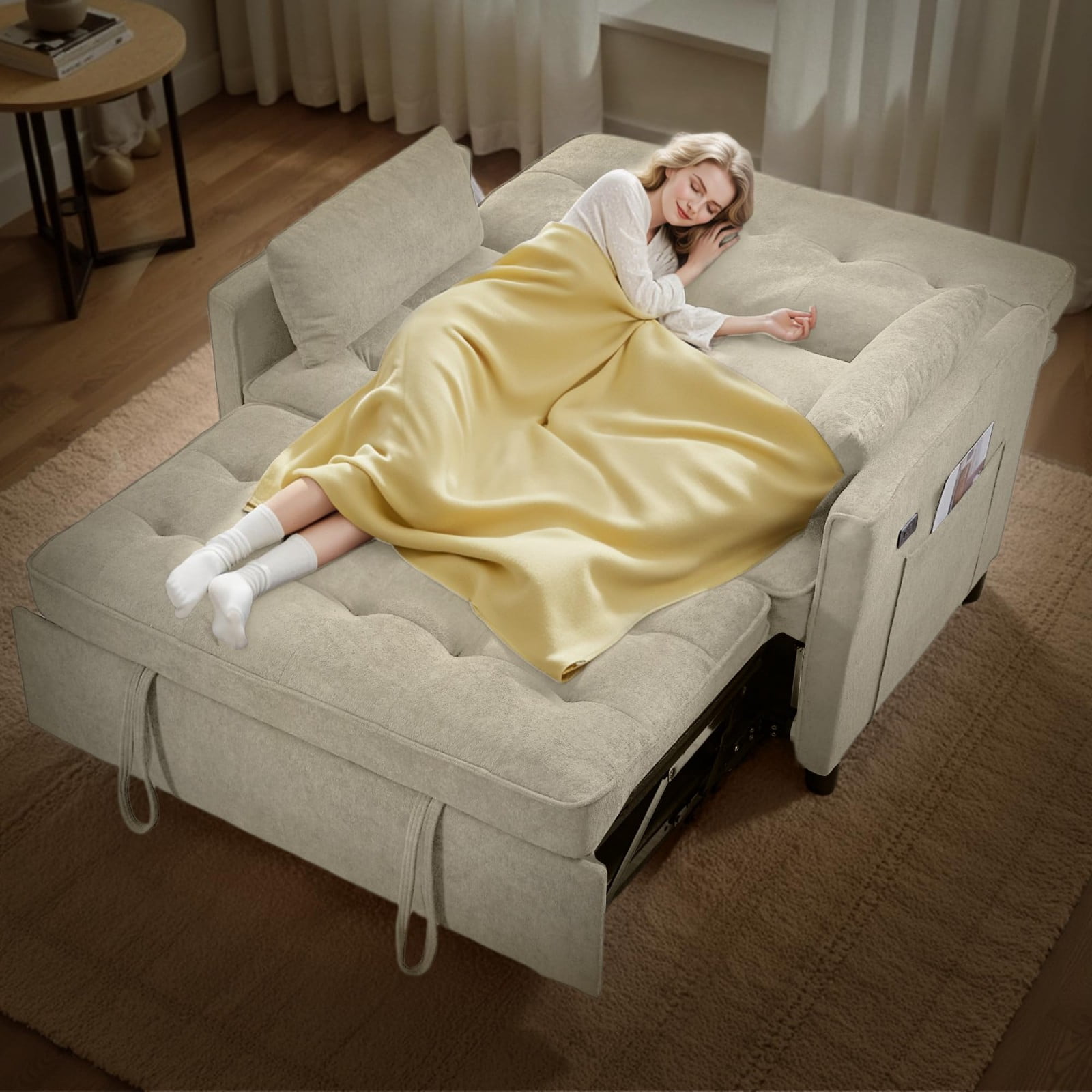 Convertible Sofa Bed, 3 in 1 Pull Out Couch Loveseat Sleeper with USB Charging Port, Adjustable Backrest, Side Pocket, Fabric Couch for Living Room Apartment, Beige