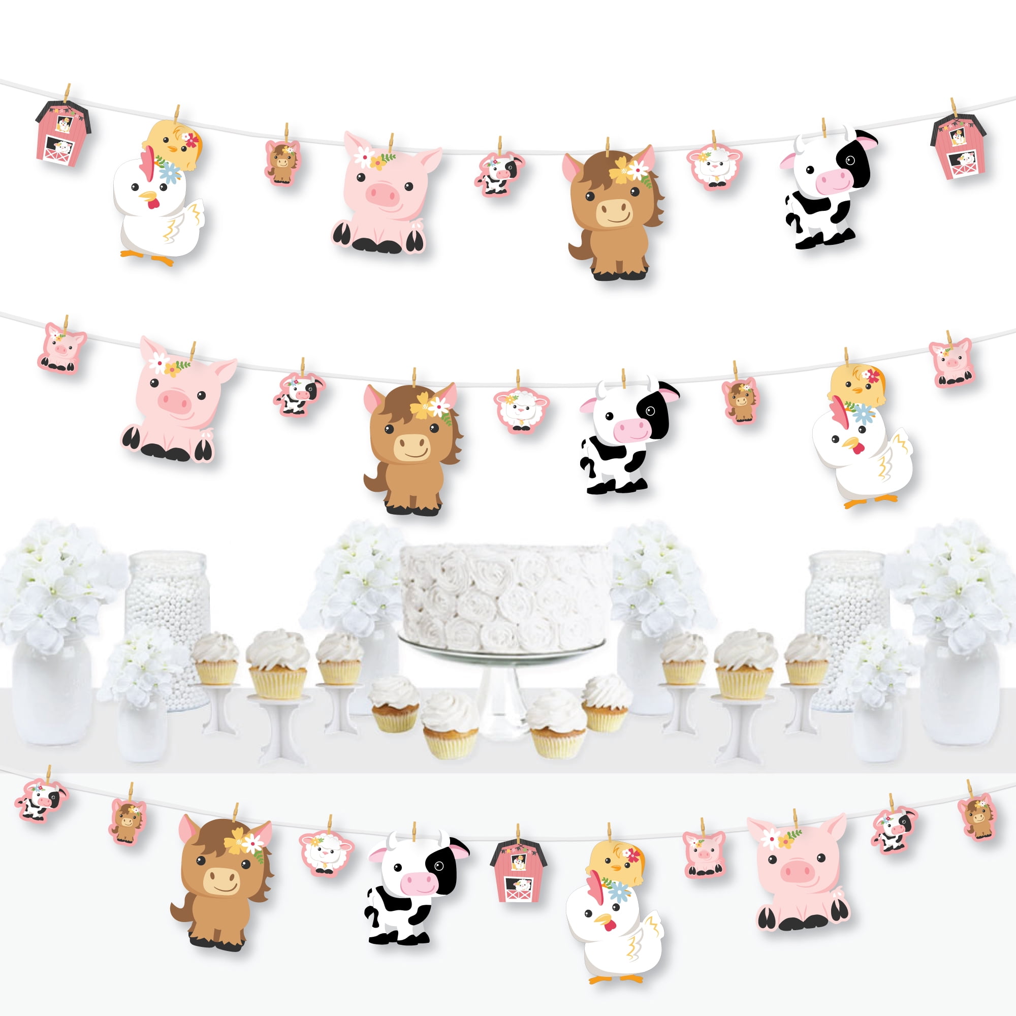 Big Dot of Happiness Girl Farm Animals - Pink Baby Shower or Birthday Party DIY Decorations - Clothespin Garland Banner - 44 Pc