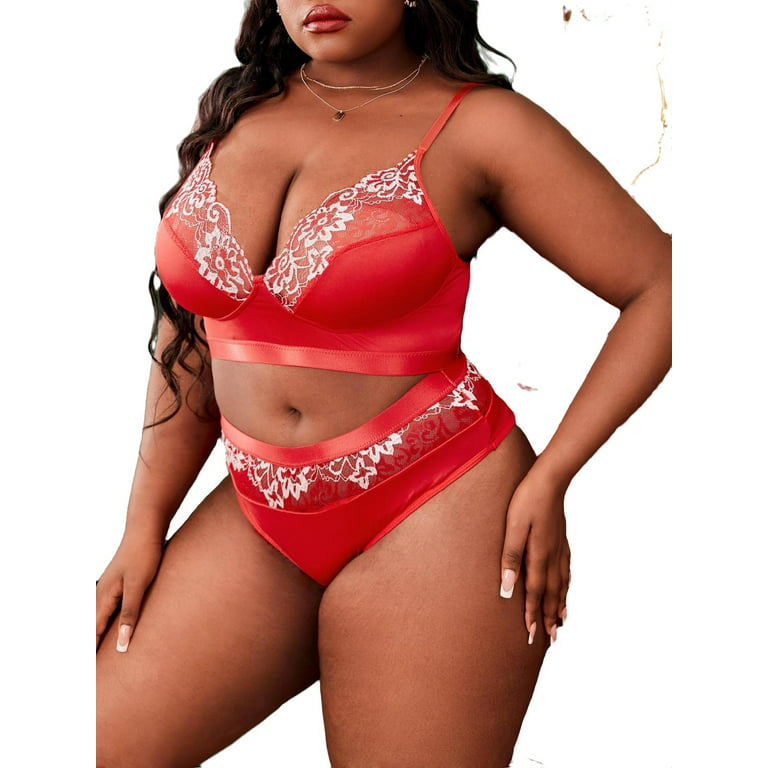 Sexy Print Red Plus Size Bra & Panty Sets (Women's)