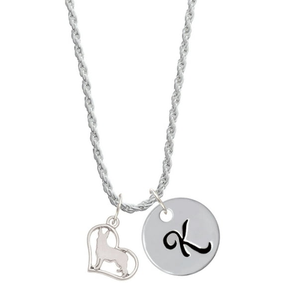 Delight Jewelry Silvertone German Shepard Silhouette Heart Silvertone Script Initial Disc - K - Charm Necklace, 20"+3"