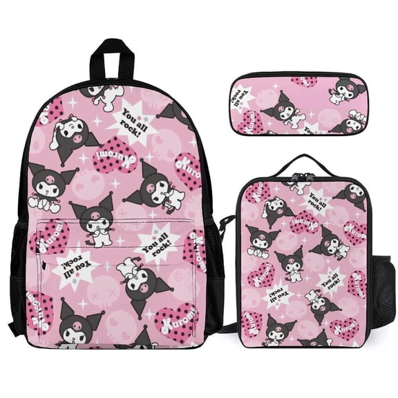 Kuromi Fun cartoon three-piece backpack set: includes backpack lunch box and pencil case One size