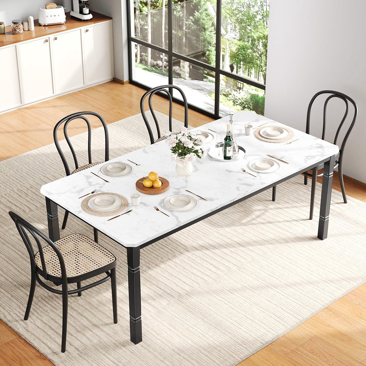 Ataucjin 78.7" Farmhouse Dining Table for 6-8 People - Rustic Industrial Kitchen Table with Sturdy Metal Frame & Chamfered Corners for Dining Room, Breakfast Nook, Small Space.table only