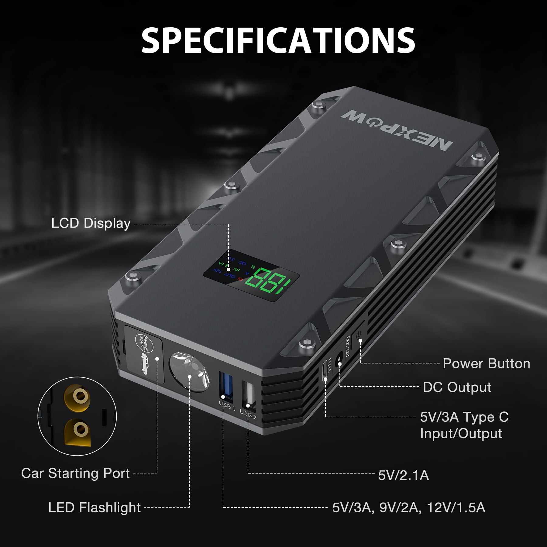 NEXPOW 2000A Peak Car Jump Starter, 12V Portable Battery Jump Box with Quick Charge 3.0, Battery Booster with Built-in LED Light