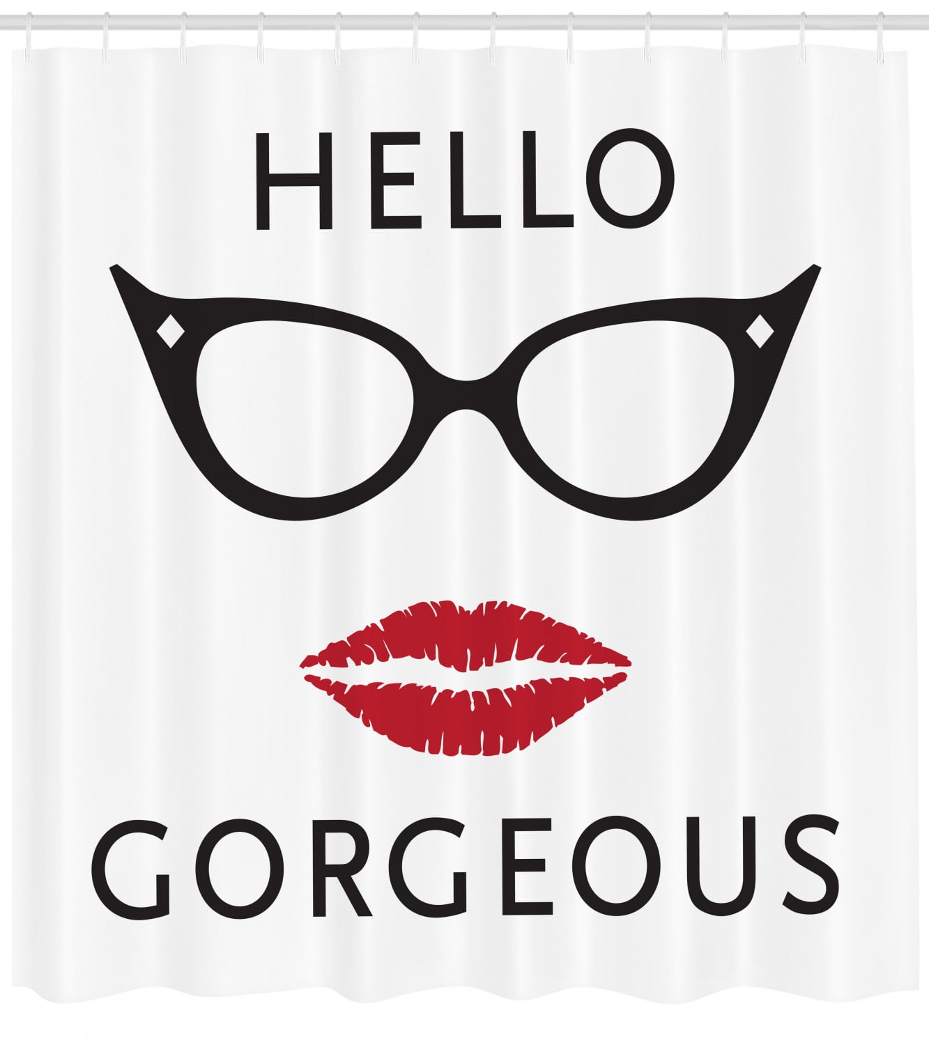 Hello Shower Curtain, Retro Eyeglasses and Red Lipstick Themed