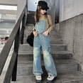 thumbnail image 2 of Yammkia Girls' Denim Overalls Girls Overalls Denim Bib Distressed Jumpsuit Kids Blue Baggy Jean Pants with Pockets 5-16 Years,13-14 Years, 2 of 9