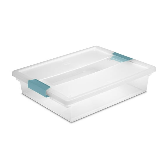 Sterilite Plastic Storage Bin / Large Clip Box, 14” L x 11” W x 3 1/4” H, Aqua Haze