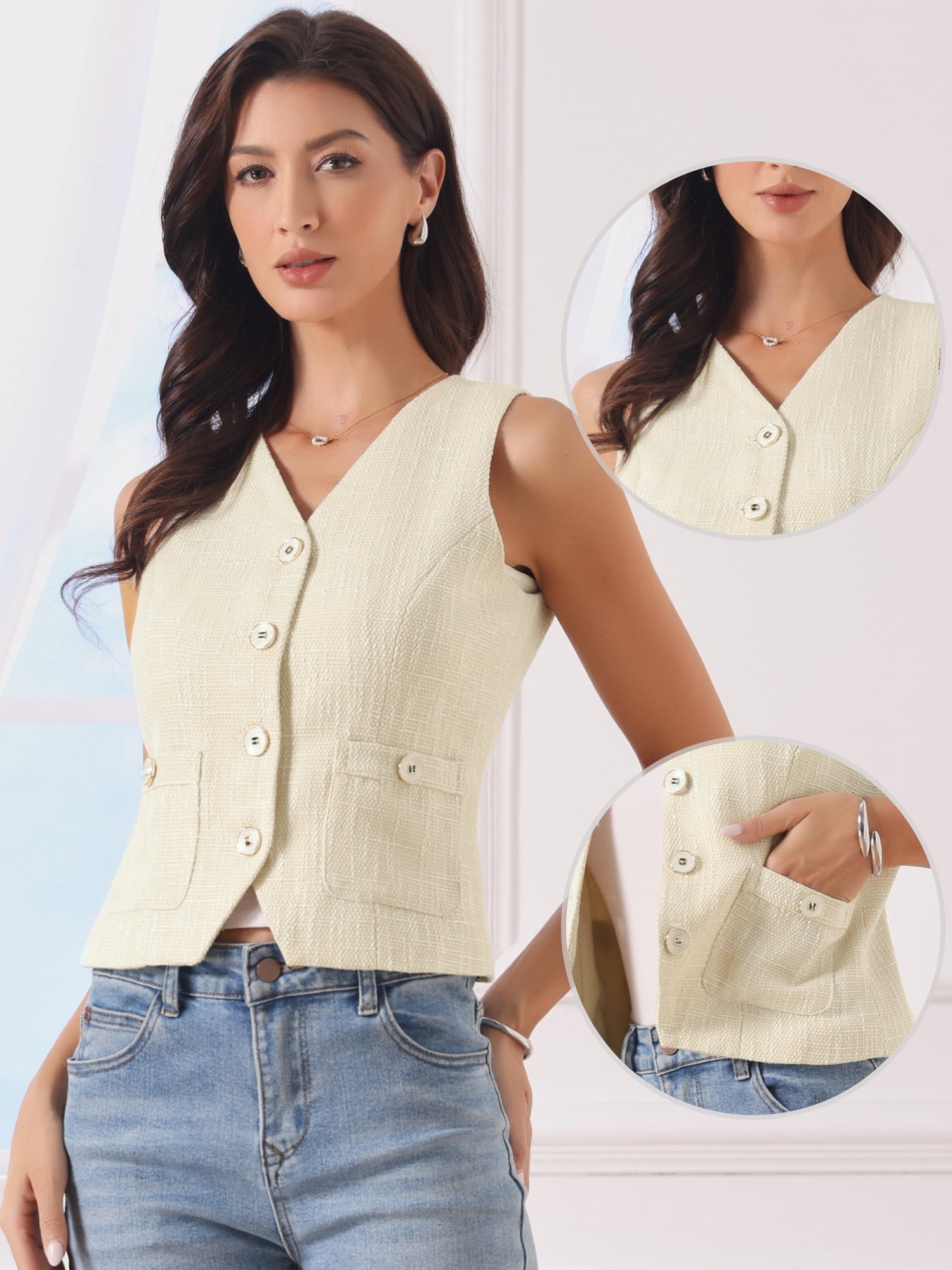 DARING DIVA Women's Tweed V Neck Sleeveless Button Down Waistcoat XS Beige