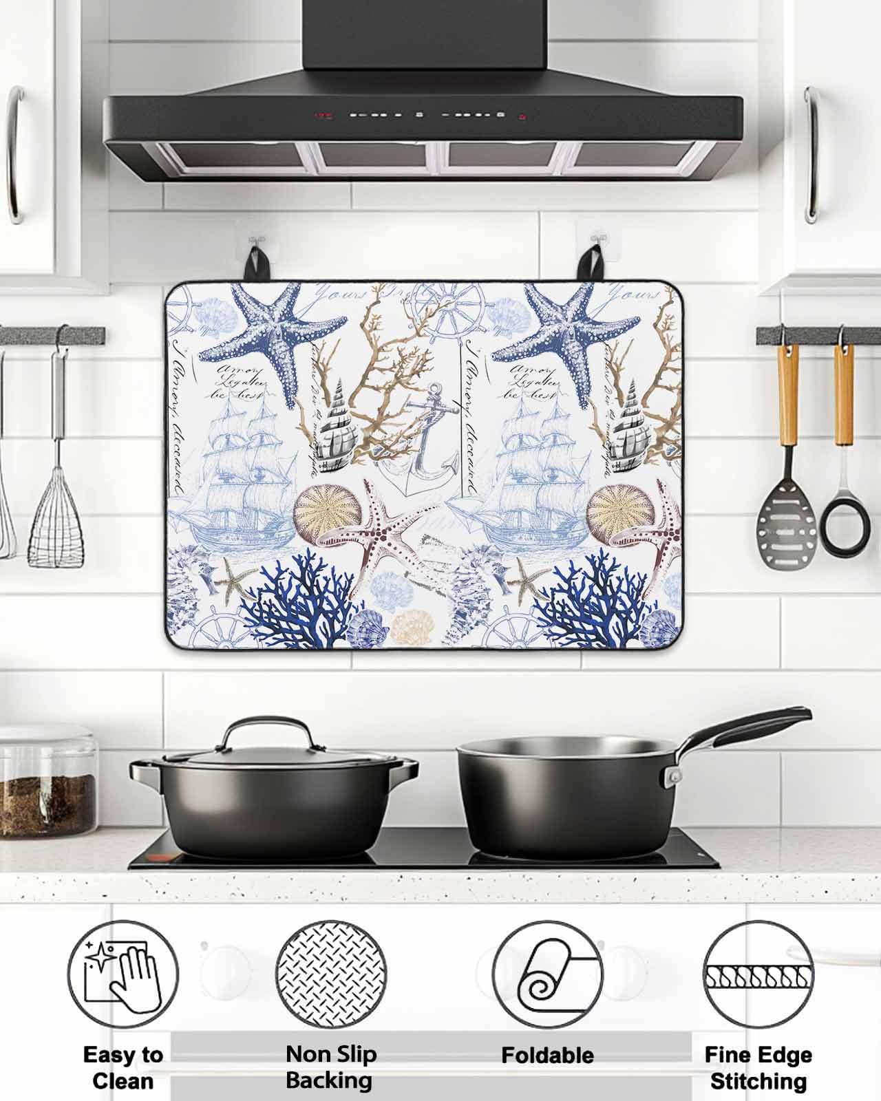 Stove Top Covers for Electric Stove, Blue Brown Coastal Glass Stovetop Cover Protector, Summer Beach Nautical Coral Starfish Induction Cooktop Protector Oven Mat for Kitchen Countertop 24"x21"