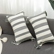 Pack of 2 Cotton Woven Decorative Square Throw Pillow Covers Set, Modern Striped Cushion Cover with Tassels, Home Decor Pillow Case 12x20 inches (Black Off White)