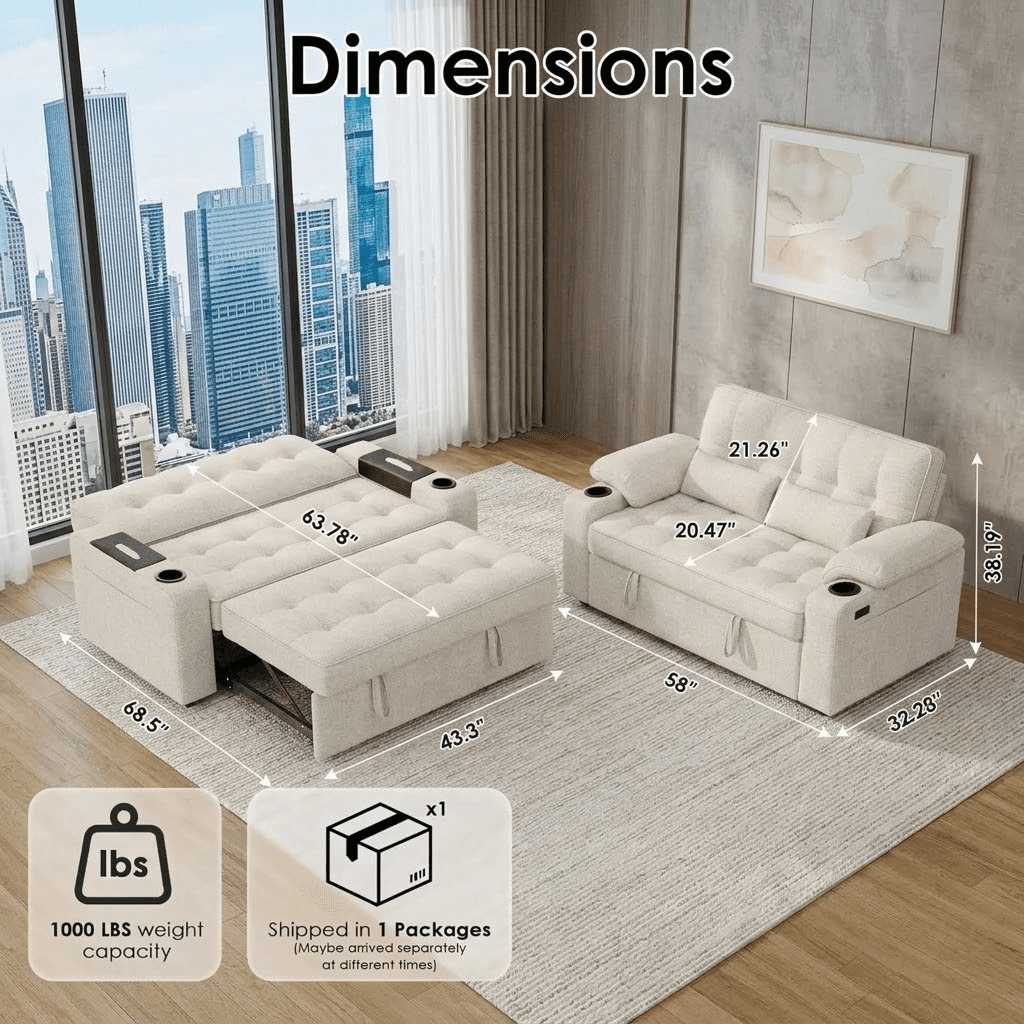 Howcool 58'' Convertible Sofa Bed with Pull-Out Bed, 3-in-1 Loveseat Sleeper Sofa, Adjustable Backrest, USB Port, Cup Holders and Side Pocket, Sofa Couch for Living Room,Beige
