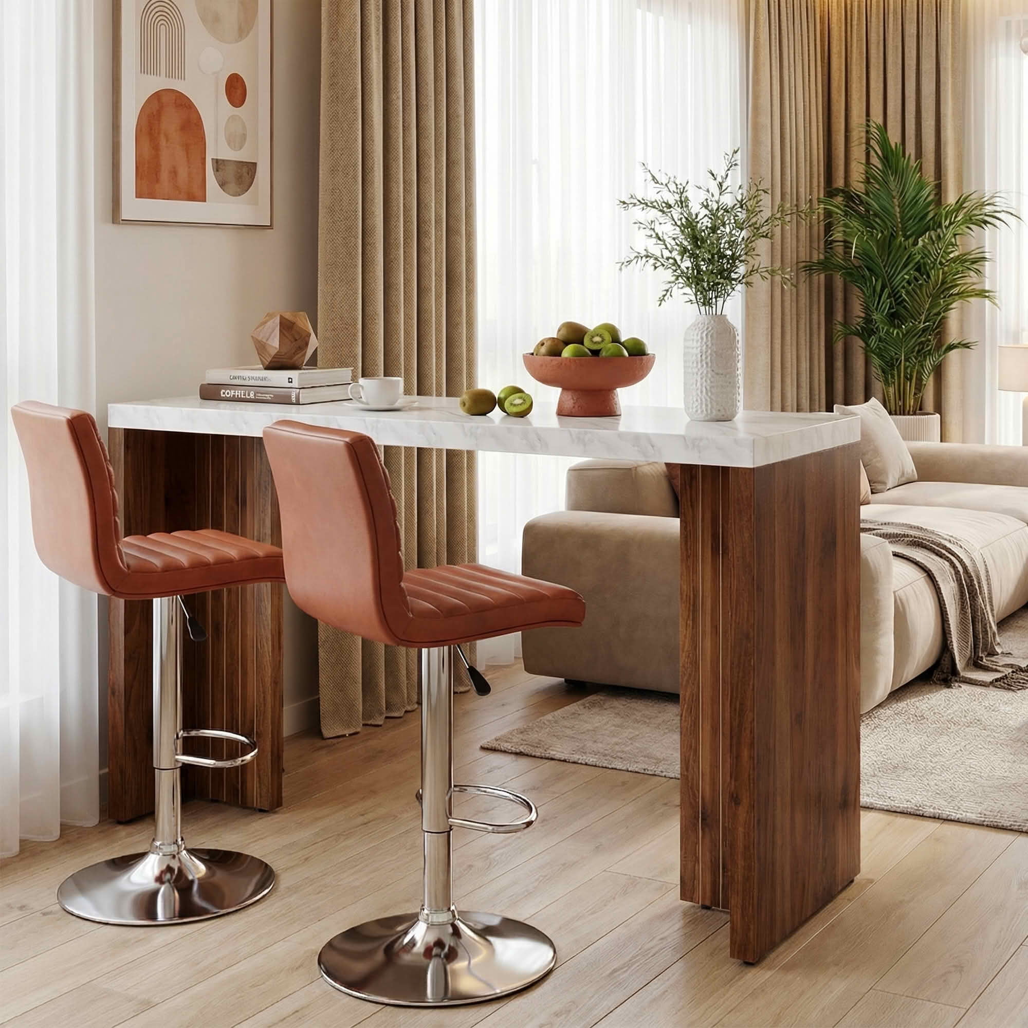MAYEERTY 55.12" Minimalist Bar Table, Faux Marble Top & Dark Walnut Legs, 36.02" Height Heavy-Duty Home Bar Unit