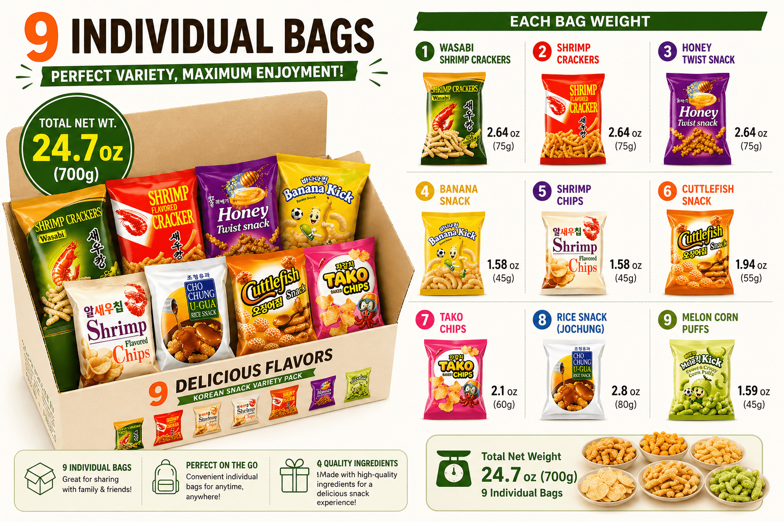 Korean Snack Variety Pack, 9 Count, Assorted Sweet & Savory Snacks, Individual Bags