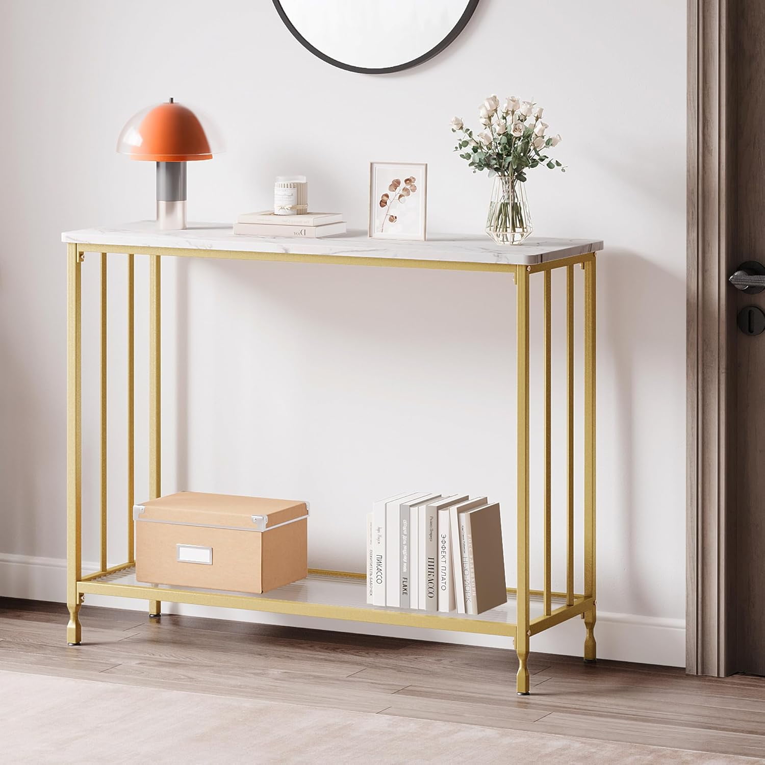 Console Table, Sofa Tables Narrow Entryway Table with Glass Shelf and Metal Frame, 33.5" Behind Couch Table Industrial Hallway Table for Living Room, Foyer, Bedroom, Modern Gold